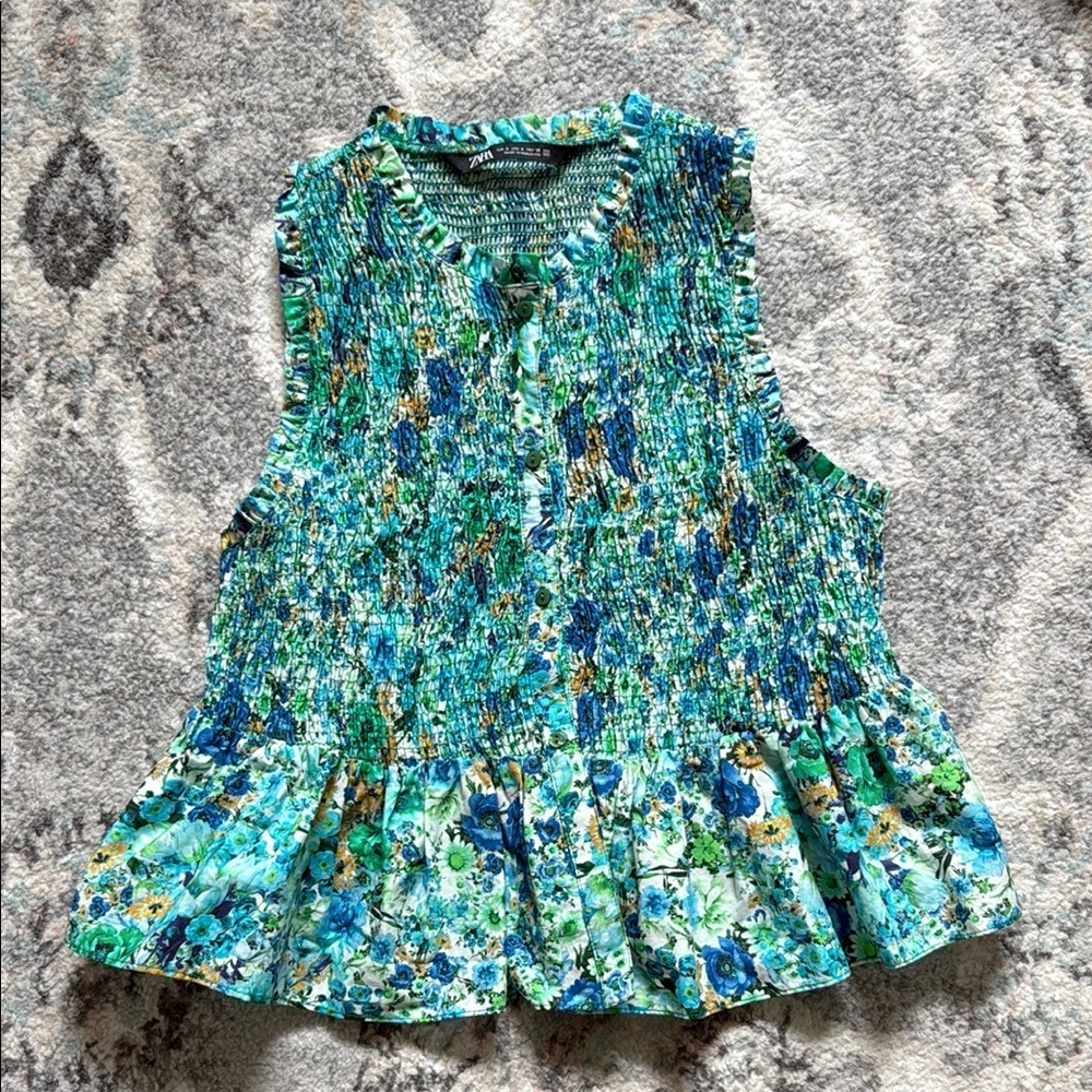 Zara Floral Smocked Button Up Shell